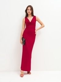 Reformation Raewyn Knit Dress in Cherry – red sleeveless cowl neck maxi dresses – draped neckline evening clothes