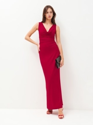 Reformation Raewyn Knit Dress in Cherry – red sleeveless cowl neck maxi dresses – draped neckline evening clothes - flipped