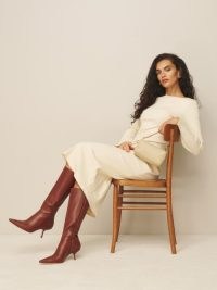 Reformation Regina Knee Boot in Walnut Leather ~ women’s luxe brown pointed toe boots ~ angled skinny heel ~ chic autumn footwear