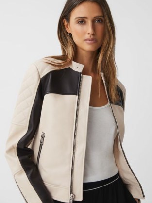 REISS ADELAIDE LEATHER COLLARLESS QUILTED JACKET in BLACK / NEUTRAL ~ women’s casual luxe jackets ~ colour block outerwear - flipped
