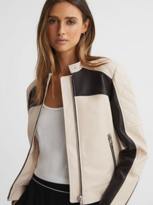 REISS ADELAIDE LEATHER COLLARLESS QUILTED JACKET in BLACK / NEUTRAL ~ women’s casual luxe jackets ~ colour block outerwear