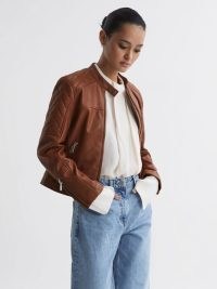 REISS ADELAIDE LEATHER COLLARLESS QUILTED JACKET in TAN ~ luxe crown jacketswomen’s luxury casual outerwear