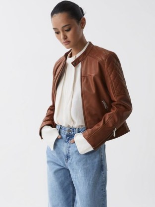 REISS ADELAIDE LEATHER COLLARLESS QUILTED JACKET in TAN ~ luxe crown jacketswomen’s luxury casual outerwear - flipped