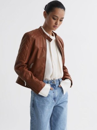 REISS ADELAIDE LEATHER COLLARLESS QUILTED JACKET in TAN ~ luxe crown jacketswomen’s luxury casual outerwear