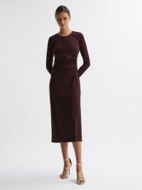 REISS ANAIS RUCHED BODYCON MIDI DRESS in BURGUNDY ~ dark red long sleeve occasion dresses #2