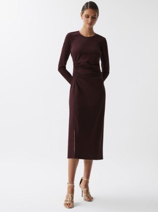 REISS ANAIS RUCHED BODYCON MIDI DRESS in BURGUNDY ~ dark red long sleeve occasion dresses - flipped
