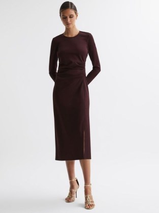 REISS ANAIS RUCHED BODYCON MIDI DRESS in BURGUNDY ~ dark red long sleeve occasion dresses