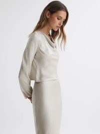 REISS AVRIL METALLIC COWL NECK TOP in SILVER ~ long sleeve fluid fabric tops ~ draped neckline occasion clothes