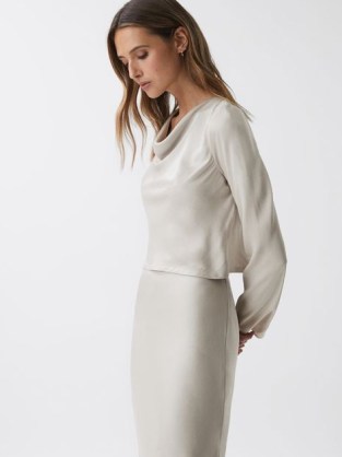 REISS AVRIL METALLIC COWL NECK TOP in SILVER ~ long sleeve fluid fabric tops ~ draped neckline occasion clothes - flipped