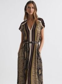 REISS BEA SNAKE PRINT MIDI DRESS in BROWN ~ chic short sleeve occasion dresses with animal prints