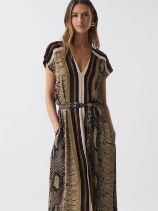 REISS BEA SNAKE PRINT MIDI DRESS in BROWN ~ chic short sleeve occasion dresses with animal prints - flipped
