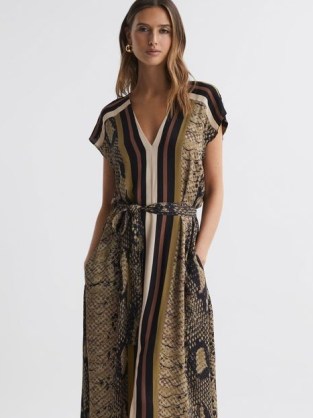 REISS BEA SNAKE PRINT MIDI DRESS in BROWN ~ chic short sleeve occasion dresses with animal prints