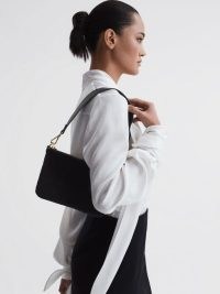Reiss BLEEKER VELVET HANDBAG in BLACK – plush evening shoulder bags – chic occasion clutch