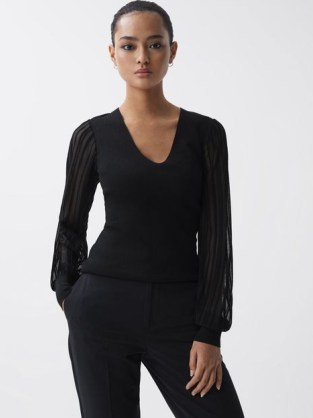 REISS BROOKLYN SHEER SLEEVE V-NECK TOP in BLACK – women’s tops with long drapey sleeves - flipped