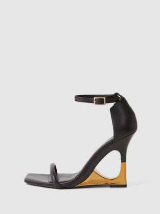 REISS CORA LEATHER STRAPPY WEDGE HEELS in BLACK/GOLD – black and gold square toe cut out wedged sandals – chic contemporary evening occasion wedges - flipped