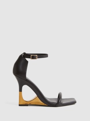 REISS CORA LEATHER STRAPPY WEDGE HEELS in BLACK/GOLD – black and gold square toe cut out wedged sandals – chic contemporary evening occasion wedges