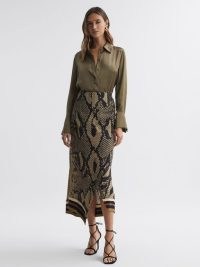 REISS DARIA SNAKE PRINT MIDI SKIRT in BROWN – glamorous wrap style occasion skirts – evening clothes with animal prints – asymmetric clothing