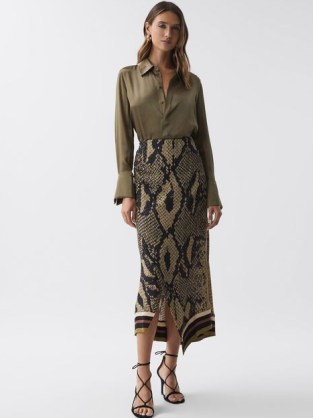 REISS DARIA SNAKE PRINT MIDI SKIRT in BROWN – glamorous wrap style occasion skirts – evening clothes with animal prints – asymmetric clothing - flipped