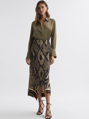 REISS DARIA SNAKE PRINT MIDI SKIRT in BROWN – glamorous wrap style occasion skirts – evening clothes with animal prints – asymmetric clothing