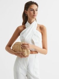 REISS DELILAH RAFFIA RUCHED CLUTCH BAG in NEUTRAL – woven gathered detail occasion bags – chic resort handbag – summer event handbags