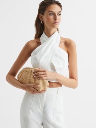 REISS DELILAH RAFFIA RUCHED CLUTCH BAG in NEUTRAL – woven gathered detail occasion bags – chic resort handbag – summer event handbags