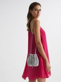 REISS DEMI CRYSTAL MINI BUCKET BAG in SILVER – small luxe occasion shoulder bags with a chain strap – glamorous evening event handbag – embellished party handbags