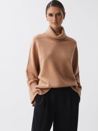 REISS EDINA RELAXED CASHMERE FUNNEL NECK JUMPER in CAMEL ~ women’s luxury light brown jumpers - flipped