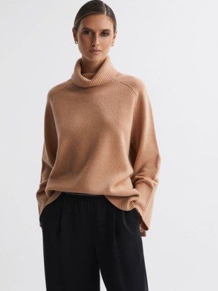 REISS EDINA RELAXED CASHMERE FUNNEL NECK JUMPER in CAMEL ~ women’s luxury light brown jumpers