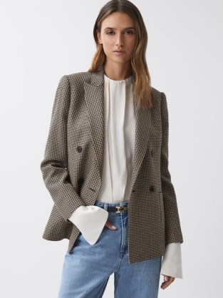 REISS ELLA DOUBLE BREASTED WOOL DOGTOOTH BLAZER in BLACK / CAMEL ~ women’s houndstooth check blazers ~ chic checked jackets - flipped