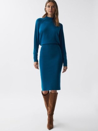 REISS FREYA KNITTED LONG SLEEVE MIDI DRESS in BLUE – luxe autumn dresses – women’s chic winter knitwear clothing - flipped