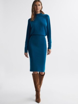 REISS FREYA KNITTED LONG SLEEVE MIDI DRESS in BLUE – luxe autumn dresses – women’s chic winter knitwear clothing