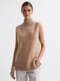 REISS GAZELLE CASUAL CASHMERE FUNNEL NECK SLEEVELESS TOP in CAMEL ~ luxe light brown knitted high neckline tops ~ chic neutral knitwear