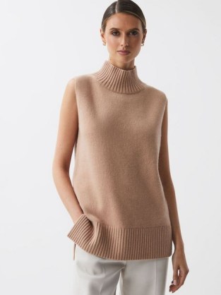 REISS GAZELLE CASUAL CASHMERE FUNNEL NECK SLEEVELESS TOP in CAMEL ~ luxe light brown knitted high neckline tops ~ chic neutral knitwear - flipped