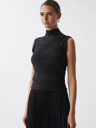 REISS GEORGIA TINSEL KNITTED SLEEVELESS VEST in Black – chic high neck metallic top – women’s sparkle knitwear – sophisticated evening occasion clothing with a touch of shimmer - flipped