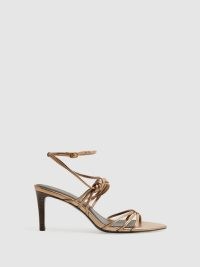 REISS GEORGINA LEATHER STRAPPY HEELS in Bronze – glamorous metallic evening occasion sandals