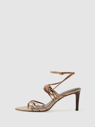 REISS GEORGINA LEATHER STRAPPY HEELS in Bronze – glamorous metallic evening occasion sandals - flipped
