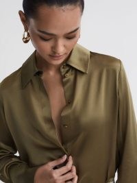 REISS HAILEY SILK SHIRT in KHAKI – women’s silky shirts – luxe clothing
