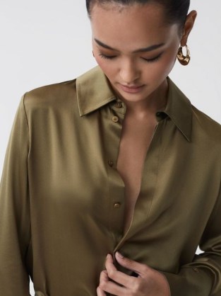 REISS HAILEY SILK SHIRT in KHAKI – women’s silky shirts – luxe clothing - flipped