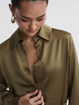 REISS HAILEY SILK SHIRT in KHAKI – women’s silky shirts – luxe clothing
