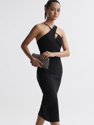 REISS HALLE BODYCON CUT-OUT MIDI DRESS in Black – chic cutout cocktail dresses – fitted evening occasion clothing – sophistcated date night fashion