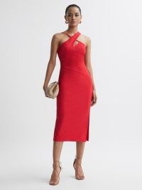 REISS HALLE BODYCON CUT-OUT MIDI DRESS in RED ~ asymmetric shoulder strap evening dresses ~ glamorous party clothes