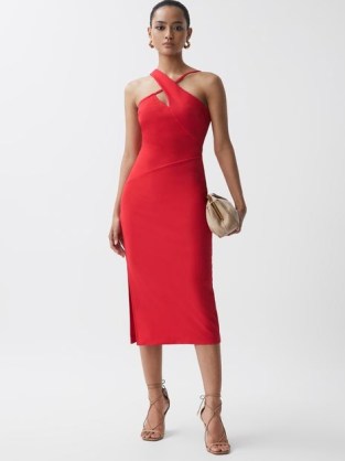 REISS HALLE BODYCON CUT-OUT MIDI DRESS in RED ~ asymmetric shoulder strap evening dresses ~ glamorous party clothes - flipped