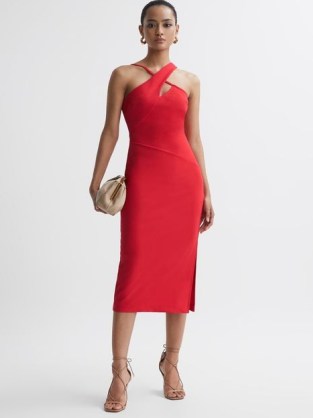 REISS HALLE BODYCON CUT-OUT MIDI DRESS in RED ~ asymmetric shoulder strap evening dresses ~ glamorous party clothes