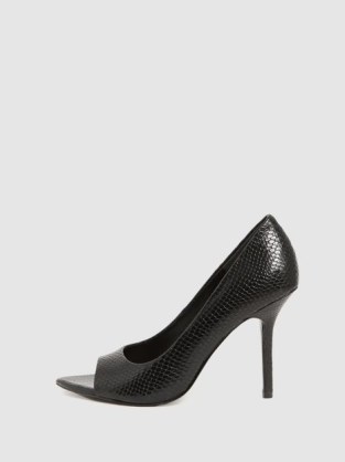 REISS ISLA PEEP TOE POINTED COURT SHOES in Black – glamorous animal print high heel courts - flipped