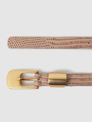 REISS KARLA LEATHER THIN BELT in BLUSH – women’s narrow snakeskin effect belts – luxe snake print accessories - flipped