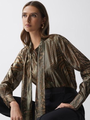 REISS KENDALL METALLIC ANIMAL PRINT TIE NECK BLOUSE in GOLD ~ glamorous shiny thread blouses ~ luxe clothing - flipped