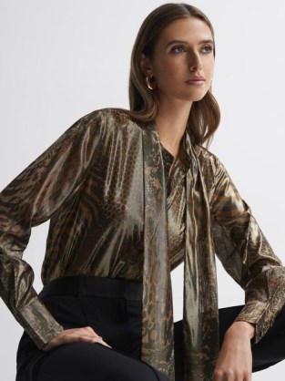 REISS KENDALL METALLIC ANIMAL PRINT TIE NECK BLOUSE in GOLD ~ glamorous shiny thread blouses ~ luxe clothing