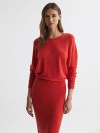 REISS LEILA KNITTED LONG SLEEVE MIDI DRESS in RED ~ chic autumn sweater dresses