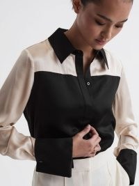 Reiss LOREY SILK COLOURBLOCK SHIRT BLACK / CHAMPAGNE – women’s luxe colour block shirts #2