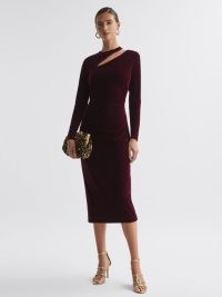 Reiss MACEY VELVET CUT-OUT MIDI DRESS in RED – plush bodycon – luxurious fitted occasion dresses
